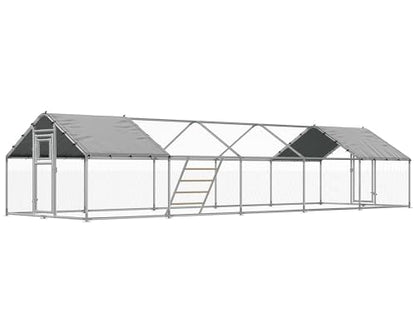 32×10 FT Extra Large Walk-in Chicken Coop, Spire Roof Chicken Run with Cover, Front & Rear Doors, Feeding Door, Roosting Ladder, Galvanized Steel Frame - size: 372.4"L x 118.1"W x 77.6"H