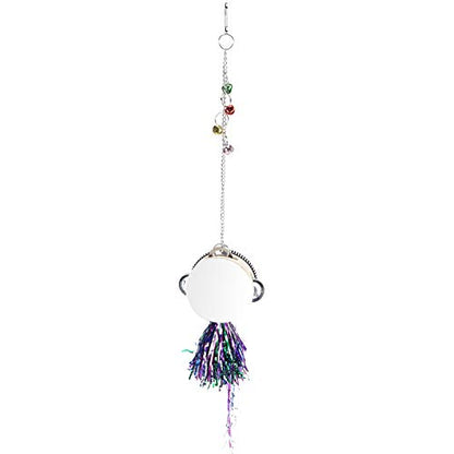 Pet Chicken Mirror Drum Toy, Double Side with Bells, Metal Wood Plastic Material, 3.9in Diameter, 26.6in Hanging Height, Random Sticker Pattern and Bell Color