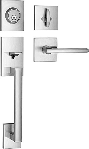 Berlin Modisch HandleSet Front Door Entry Handle and Deadbolt Lock Set Slim Square Single Cylinder Deadbolt and Lever Reversible for Right & Left Sided Doors Heavy Duty – Satin Nickel Finish - color: Satin Nickel, size: Modern Series XL HandleSet