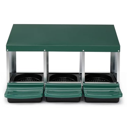 3 Compartment Roll Out Chicken Nesting Box, Steel Plastic Hen Laying Box with Perch, Green Sloped Roof 31.9x20.1x18.5in Poultry Nest for Backyard Chicken Coop Egg Collection