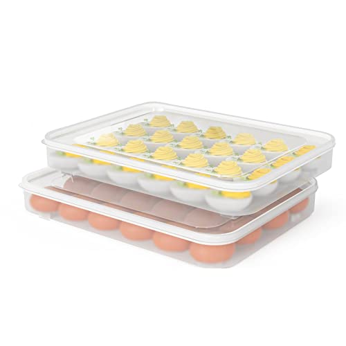 77L Deviled Egg Containers with Lid, (Set of 2), Plastic Egg Holder for Refrigerator for 48 Eggs, Clear Storage Deviled Egg Carrier Tray, Fridge Stackable Countertop Portable Egg Dispenser - color: Clear, size: 48 Eggs