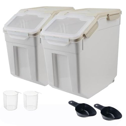 RUIAN 2Pcs Large Flour Storage Container Bin 25Lb Airtight Rice Storage Containers with Wheels Seal Locking Lid, BPA Free with Measuring Cup&Scoop for Flour, Rice, Grain (Gray) - color: Gray 2Pack 25Lb