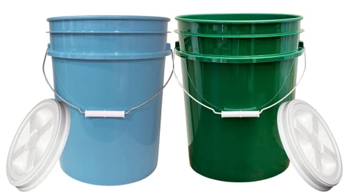 House Naturals 5 Gallon Food Grade BPA Free Bucket Pail with Air Tight Double Gasket Screw on Lid (Pack of 2) Light Blue and Green containers with White lids