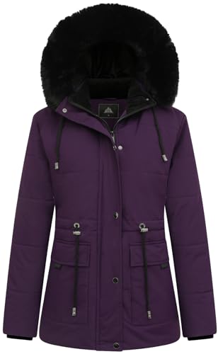 MOERDENG Women's Warm Winter Puffer Coat Thicken Fleece Lined Down Jacket Faux Fur Detachable Hood Snow Parka - color: Purple, size: Medium