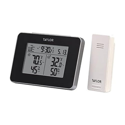 Taylor Wireless Digital Indoor Outdoor Thermometer and Hygrometer, Weather Station, Battery Powered, Alarm, Easy-to-Read Display for Home, Office, Greenhouse, Nursery, and Indoor Areas, Black