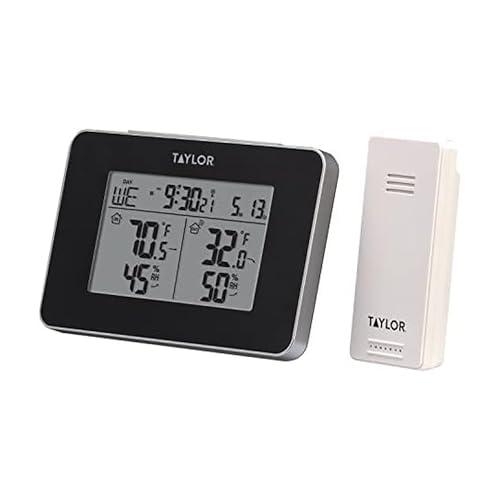 Taylor Wireless Digital Indoor Outdoor Thermometer and Hygrometer, Weather Station, Battery Powered, Alarm, Easy-to-Read Display for Home, Office, Greenhouse, Nursery, and Indoor Areas, Black