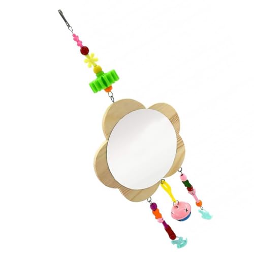 SHINEOFI Wooden Hanging Chicken Mirror with Bell Pendant, Pet Rooster Mirror for Cage Play, Sturdy Pecking for Hens and Chicks Random Color