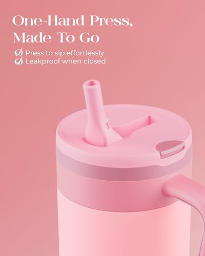 40 oz Insulated Tumbler with Handle and Push-Button Straw Lid, Stainless Steel Travel Cup for Gym Office, Leakproof, BPA-Free, Cup Holder Friendly, Bow Silicone Boot, Pink (Rose Quartz) - color: Rose Quartz
