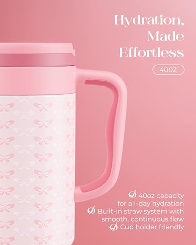 40 oz Insulated Tumbler with Handle and Push-Button Straw Lid, Stainless Steel Travel Cup for Gym Office, Leakproof, BPA-Free, Cup Holder Friendly, Bow Silicone Boot, Pink (Coquette Blush) - color: Coquette Blush