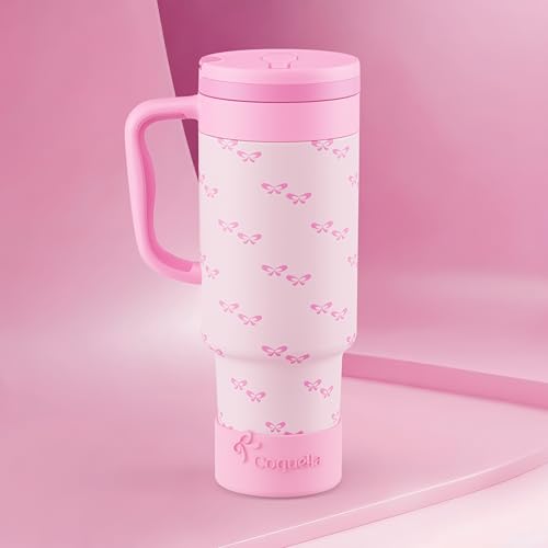 40 oz Insulated Tumbler with Handle and Push-Button Straw Lid, Stainless Steel Travel Cup for Gym Office Leakproof, BPA-Free, Cup Holder Friendly, Bow Silicone Boot, Pink (Coquette Bubblegum) - color: Coquette Bubblegum