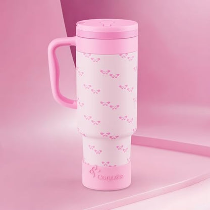 40 oz Insulated Tumbler with Handle and Push-Button Straw Lid, Stainless Steel Travel Cup for Gym Office Leakproof, BPA-Free, Cup Holder Friendly, Bow Silicone Boot, Pink (Coquette Bubblegum) - color: Coquette Bubblegum