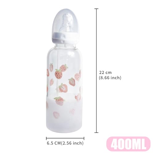 CutiePlusU Adult Glass Feeding Bottle Cute Printed Large Size Baby Bottles Strawberry Garden 13.5Oz/400ML - color: Strawberry Garden