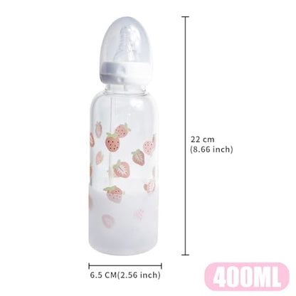 CutiePlusU Adult Glass Feeding Bottle Cute Printed Large Size Baby Bottles Strawberry Garden 13.5Oz/400ML - color: Strawberry Garden