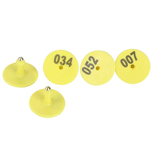 Gavigain Plastic Livestock Animal Ear Tag Numbered 001-100 Round Breeding Number Tag Marker for Cattle Cows Pigs Hog Goats Sheep Calf Animal Yellow