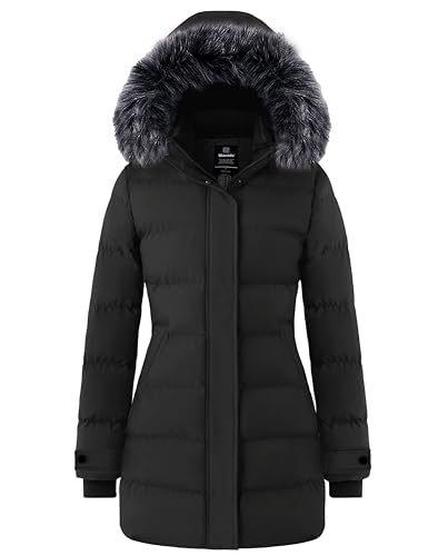 wantdo Women's Long Quilted Winter Coat Thicken Puffer Jacket with Faux Fur Hood - color: Charcoal, size: Small