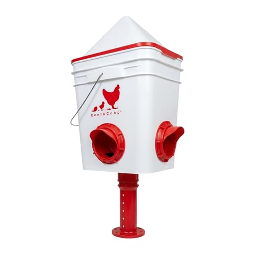 RentACoop 25lb BPA-Free Chicken Feeder with 4 Large Ports - Includes Lid, Anti-Roost Cone, Rain Hoods, and Custom Adjustable Stand - Large Capacity No-Waste Poultry Feeder - Center Placement