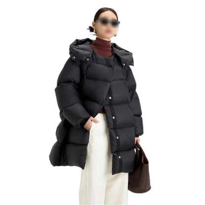 Women's Black Down Jacket Medium Length Loose A-line Detachable Hooded Warm