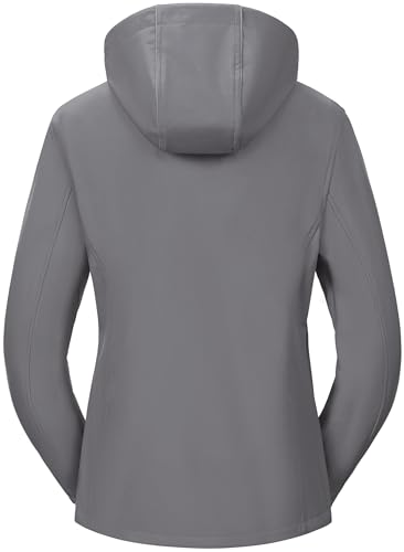 Pursky Women's Softshell Jacket Lightweight Fleece Lined Rain Jacket Waterproof Warm Windbreaker Coat With Removable Hood - color: Light Grey, size: Medium