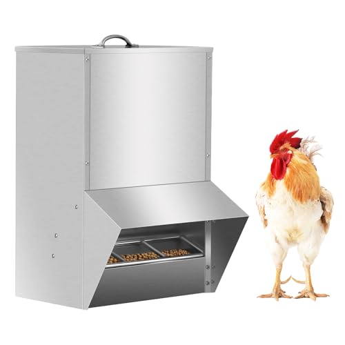 Automatic Chicken Feeder, 30lbs Capacity Weatherproof Steel Chicken Feeders No Waste, Rat Proof Poultry Feeder with Lid, Outdoor Coop Food Dispenser for Chicken and Rabbits