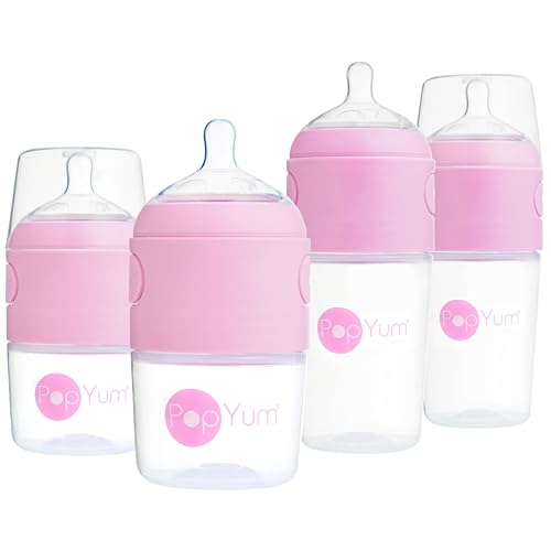 PopYum Pink Formula Making Baby Bottle Starter Set, 4-Pack | 2X 5oz Bottles with #1 Slow Flow Nipples, 2X 9oz Bottles with #2 Medium Flow Nipples, Mixing, Dispenser - color: Pink, size: 5 & 9 Ounce (Pack of 4)