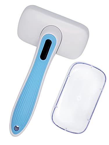 Pet Slicker Brush - Self Cleaning Brush for Dogs & Cats w/Retractable Bristles for All Hair Types - Massaging Pins Remove Tangles & Mats Painlessly - Durable Grooming Tool for Dogs & Cats - size: Slicker Brush (Blue/White)