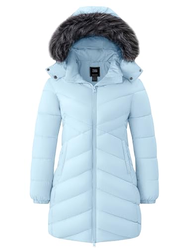 ZSHOW Women's Long Winter Coat Waterproof Warm Quilted Puffer Jacket with Faux Fur Hood - color: Light Blue, size: X-Large