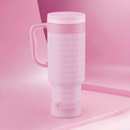 40 oz Insulated Tumbler with Handle and Push-Button Straw Lid, Stainless Steel Travel Cup for Gym Office, Leakproof, BPA-Free, Cup Holder Friendly, Bow Silicone Boot, Pink (Coquette Candy) - color: Coquette Candy