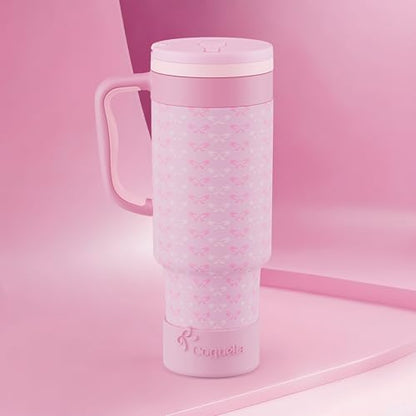 40 oz Insulated Tumbler with Handle and Push-Button Straw Lid, Stainless Steel Travel Cup for Gym Office, Leakproof, BPA-Free, Cup Holder Friendly, Bow Silicone Boot, Pink (Coquette Candy) - color: Coquette Candy