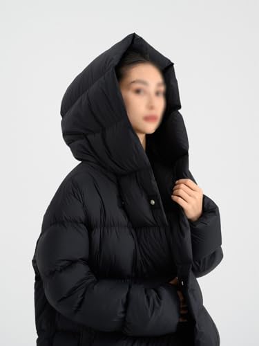 Women's White Duck Down Jacket Long Knee Length Hood Loose Warm and Thick Autumn/Winter Black Coat with Belt - size: Large