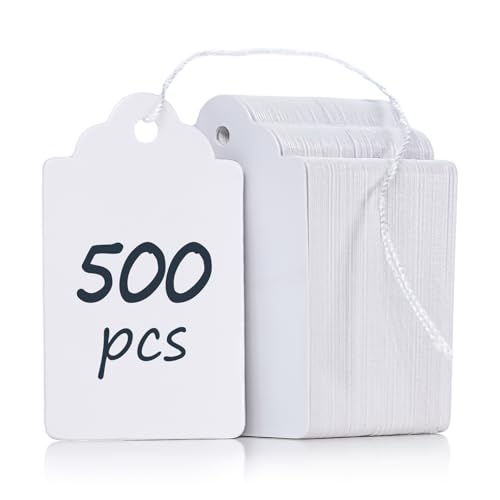 Uniclife 500 Pcs Writable Price Labels 1.8 Inch White Marking Tags with Strings, 1.8" x 1.05" - color: White, size: 500 PCS