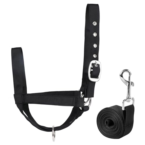 Cow Halter Cattle Halters Adjustable Calf Halter with Leading Rope for Horse Donkey Goat Nylon Cattle Training Supplies Black M - color: Black, size: M