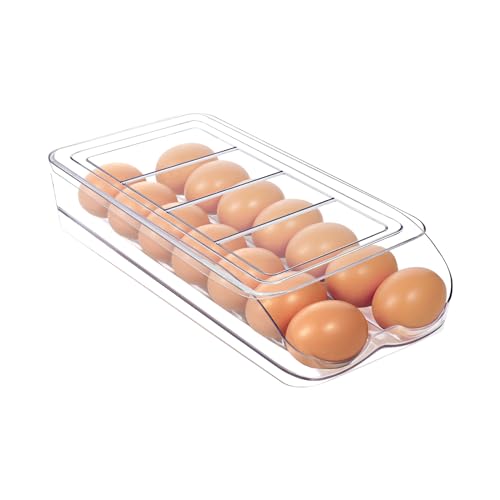 MesRosa Egg Holder for Fridge, Automatic Rolling Egg Organizer for Refrigerator, Clear Plastic Egg Container & Tray, Stackable Dispenser and Storage with Sturdy Lid to Saving Space -1 Layer - size: 1 Layer Holder 14 Eggs
