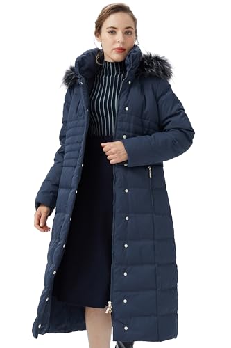 Orolay Women Warm Down Jacket with Hood Fur Long Puffer Coat - color: Navy, size: X-Small