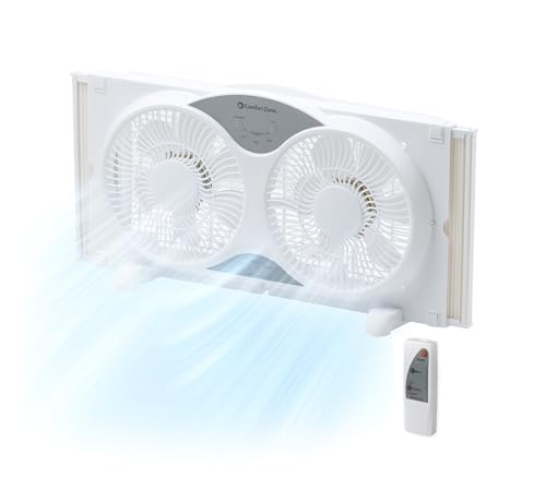 Comfort Zone Window Fan for Bedroom, 9 inch 3 Speed Dual Fans with Auto-Locking Expanders, 3 Modes (Cool, Circulate, Exhaust), Remote Control, Fabric Cover plus Bug Screen, White - color: White, size: 9 inch (3-Speed w/Remote)
