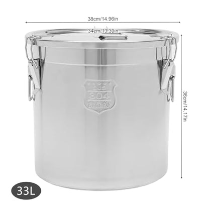 8.7Gal 304 Stainless Steel Airtight Canister for Kitchen, 28-60Lbs Rice Cereal Grain Canisters Container, Metal Kitchen Rice Oil Storage Bucket for Household Food w/Handles+Lid (Silver-33L) - color: Silver-33L