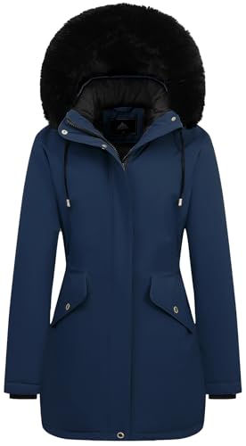MOERDENG Women's Long Winter Down Coat Thicken Fleece Lined Parka Warm Puffer Jacket With Faux Fur Detachable Hood - color: Navy, size: Small
