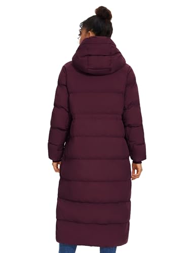 ROYAL MATRIX Women's Long Quilted Puffer Coat, Winter Warm Maxi Puffer Jacket with Detachable Hood - color: Wine Red, size: X-Large