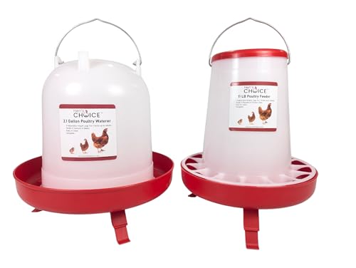 Hen's Choice Chicken Feeder and Waterer Set, 11 lb Feed Capacity, 2.1 Gallon Water Capacity, Adjustable Height (Red) - color: Red