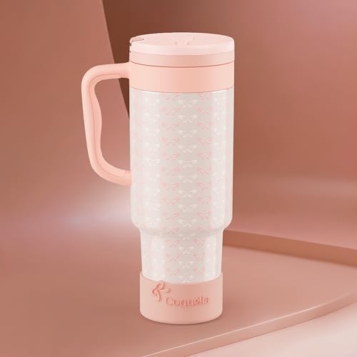 40 oz Insulated Tumbler with Handle and Push-Button Straw Lid, Stainless Steel Travel Cup for Gym Office, Leakproof, BPA-Free, Cup Holder Friendly, Bow Silicone Boot, Cream (Coquette Peachy) - color: Coquette Peachy