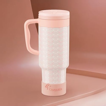 40 oz Insulated Tumbler with Handle and Push-Button Straw Lid, Stainless Steel Travel Cup for Gym Office, Leakproof, BPA-Free, Cup Holder Friendly, Bow Silicone Boot, Cream (Coquette Peachy) - color: Coquette Peachy