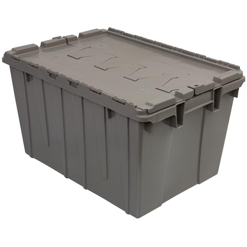 Buckhorn Industrial Lidded Plastic Storage Container, Nesting and Stackable Plastic Storage Box with Lid Attached, Organization Tote for Garage and Warehouse, 12 Gallon Capacity, 21"x15"x12", Gray