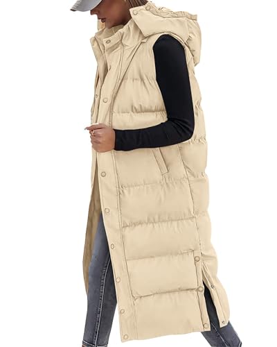 BTFBM Long Puffer Vest Women Quilted Hooded Button Down Zip Up Sleeveless Vests Outerwear Padded Jacket Fall Winter Coat - color: Apricot, size: X-Large