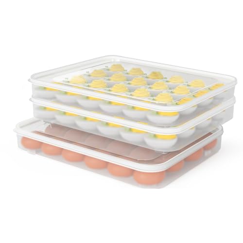 77L Deviled Egg Containers with Lid, (Set of 3), Plastic Egg Holder for Refrigerator for 72 Eggs, Clear Storage Deviled Egg Carrier Tray, Fridge Stackable Countertop Portable Egg Platter - color: Clear, size: 72 Eggs