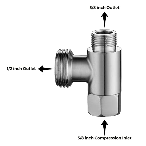 3/8 x 1/2 Adapter T Connector, ADD-A-Tee Adapter 3 Way Valve 3/8 Tee Compression, Stainless Steel Splitting Water Supply T Pipe Fitting for Bidet Hose, Angle Stop Valve T Connector