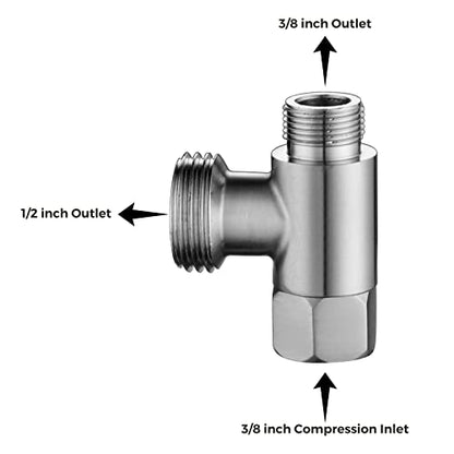 3/8 x 1/2 Adapter T Connector, ADD-A-Tee Adapter 3 Way Valve 3/8 Tee Compression, Stainless Steel Splitting Water Supply T Pipe Fitting for Bidet Hose, Angle Stop Valve T Connector