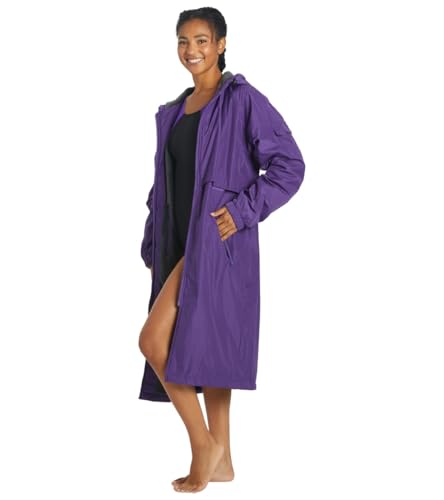 Sporti Unisex Swim Parka with Comfort Plush Fleece Lining, Multi Pocket Zipper - Water Resistant Swim Coats for Women & Men - color: Comfort - Purple /Charcoal, size: Small