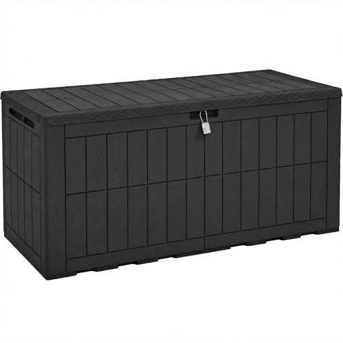 YITAHOME 134 Gallon Large Outdoor Storage Box with Lock, Waterproof Deck Box with Hydraulic Piston for Garden Tools, Pool Accessories & Cushions, Resin Deck Organizer with Bench Seat(Black) - color: Black, size: 134 Gallon, style: Deck Box