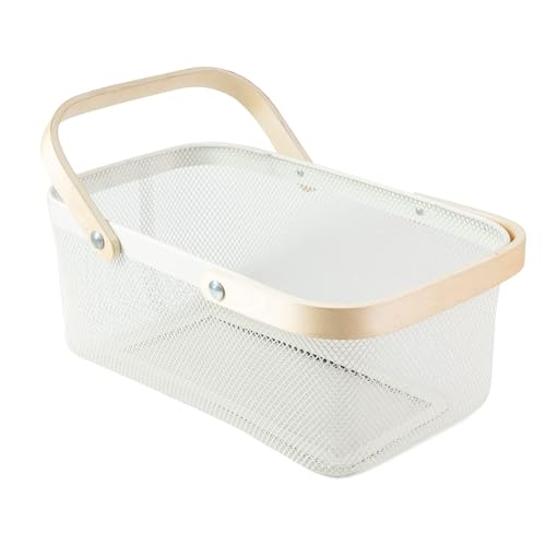 Portable Garden Harvest Basket-Mesh Design Natural Bamboo Handle Wire Storage Baskets,Mesh Basket with Handle Organize Items Reduce Space Occupation,Suitable for Kitchen,Garden,Picnic(White) - color: White