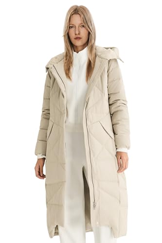 Orolay Women's Long Maxi Down Coat with Hood - 700 Fill Power RDS Certified Winter Puffer Jacket - color: Beige, size: Large