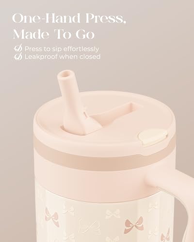 40 oz Insulated Tumbler with Handle and Push-Button Straw Lid, Stainless Steel Travel Cup for Gym Office, Leakproof, BPA-Free, Cup Holder Friendly, Bow Silicone Boot, Cream (Bow Cream) - color: Bow Cream